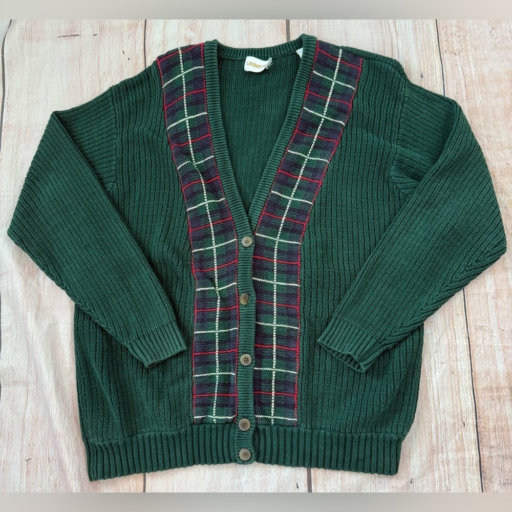 Vintage London Fog Cardigan Sweater Mens Large Unisex Plaid Grandpa